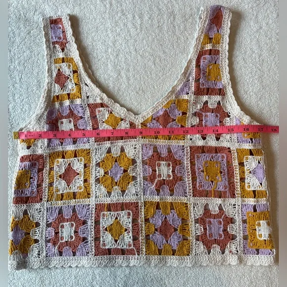Rebellion Again Crochet Cropped Tank Top, Pink Mustard Cream. Size Medium - Picture 6 of 7